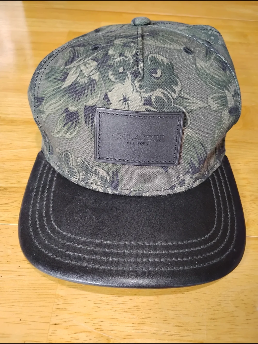 COACH Floral Camouflage Leather Brim Baseball Cap - Olive Green/Black - Picture 2 of 4